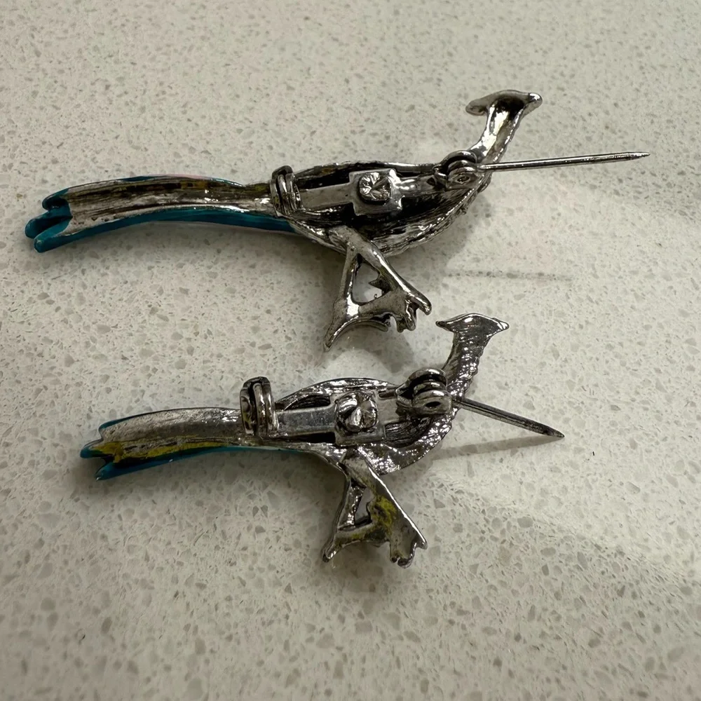 Vintage Pheasant Bird Brooches Pins Set of 2 Silver Tone Enamel Rhinestones